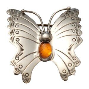 Sterling Silver Amber Lucite Cab Butterfly Figural Pin Brooch, M1000